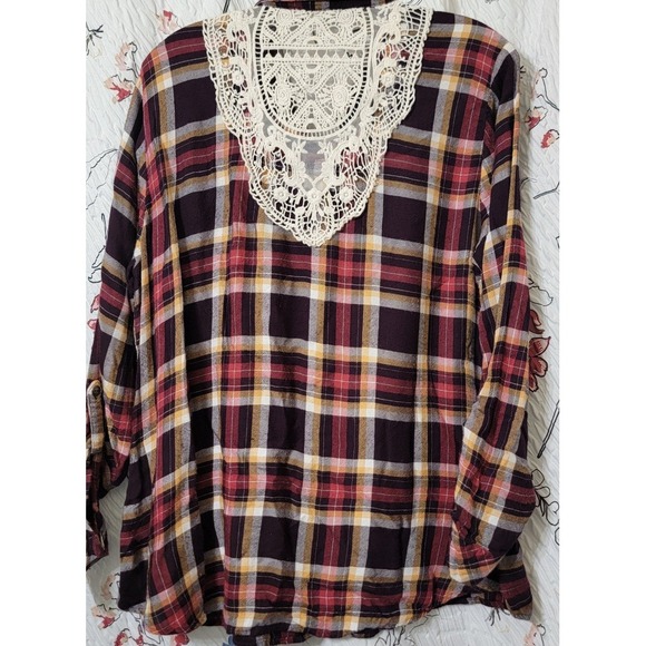 Krazy Kat Womens Flannel and Crochet Lace 100% Rayon LARGE Tab‎ Sleeves Blouse - Picture 6 of 9